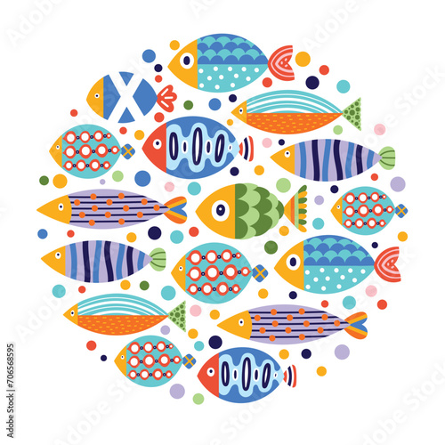 Cute retro colorful cartoon illustration with  fish on white background. Vector illustration card.