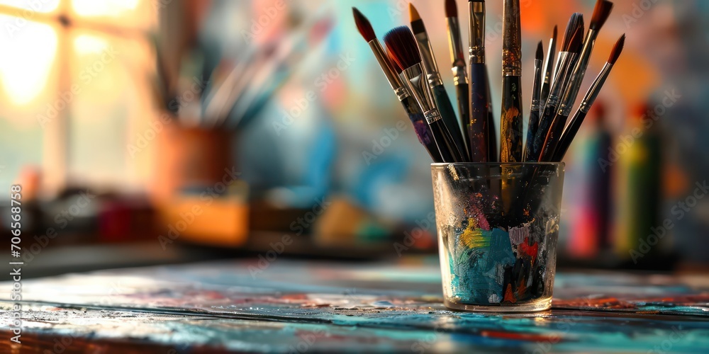 On the blurred art office table brimming with an array of vividly colored brushes takes center stage. Against this creative backdrop, a mesmerizing fusion of colors and textures awakens the senses On the blurred art office table brimming with an array of vividly colored brushes takes center stage. Against this creative backdrop, a mesmerizing fusion of colors and textures awakens the senses