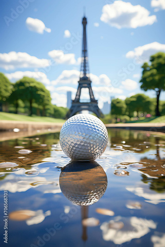 a golf ball with the eiffel tower in the background at Olympic games of 2024 in Paris