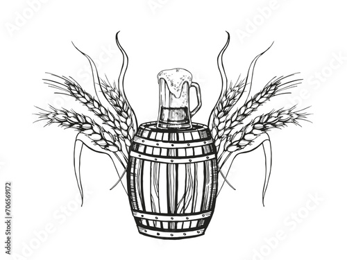 Hand drawn vector sketch of wooden barrel for wine, beer, whiskey, beer glass and ears of wheat, black and white illustration of keg, beer glass and wheat plant, inked illustration isolated