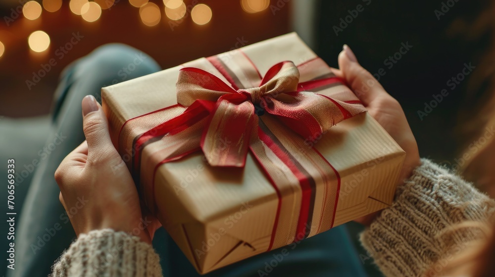 A woman receiving a surprise gift from her partner in a beautifully wrapped box A woman receiving a surprise gift from her partner in a beautifully wrapped box