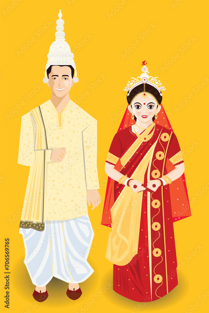 Bengali Bliss: A Vector Portrait of Traditional Indian Bride and Groom in Splendid Matrimonial Attire