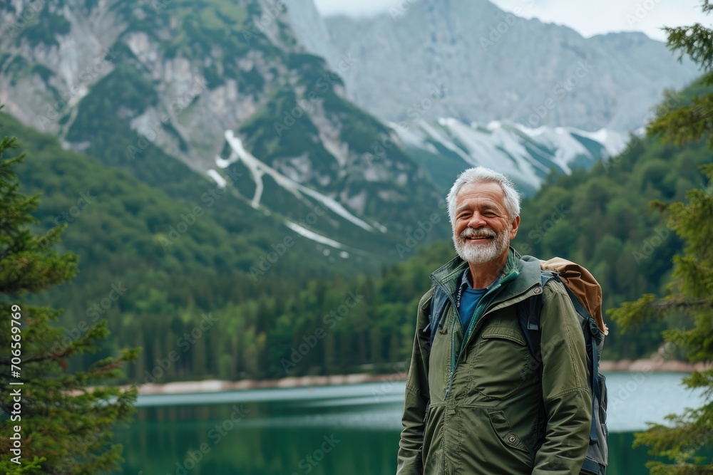 Happy older man standing in nature park enjoying natural park landscape. Smiling mature active traveler exploring nature and mountains travel journey feeling freedom Happy older man standing in nature park enjoying natural park landscape. Smiling mature active traveler exploring nature and mountains travel journey feeling freedom