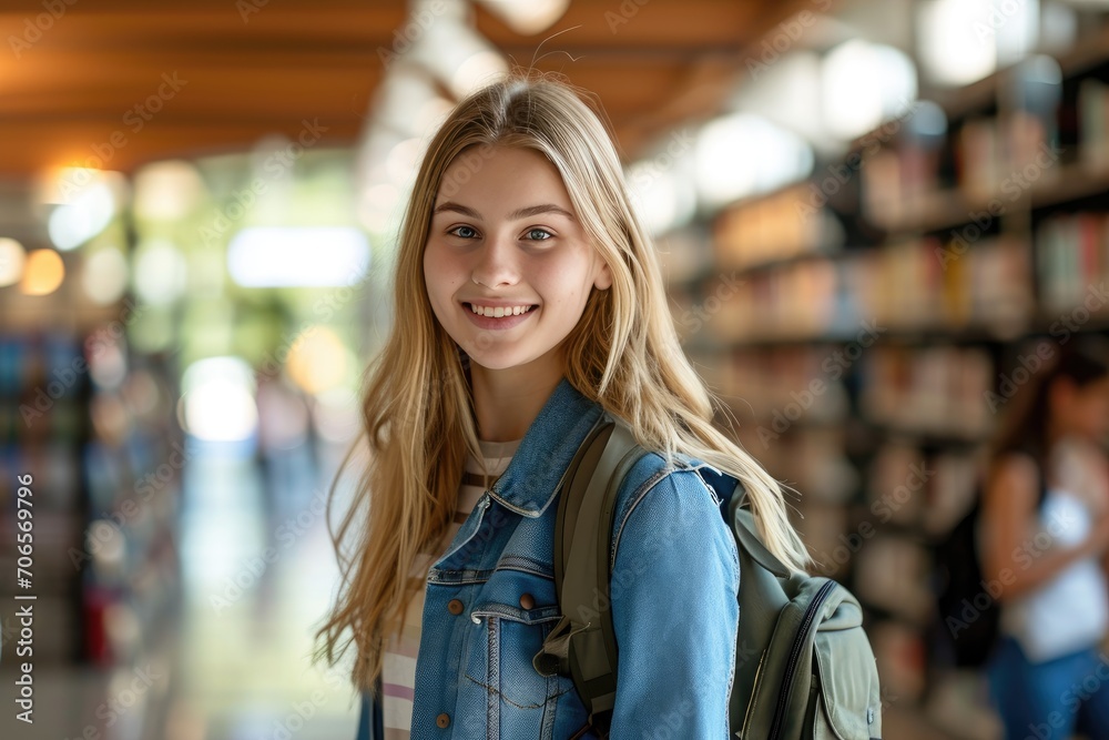 Smiling student, positive female teenage high school student looking at camera standing in modern university or college campus library, portrait.