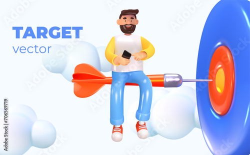 A man sits on a dart and hits the target. Concept of target, achieving success. Man with phone online. In 3D style. Vector illustration