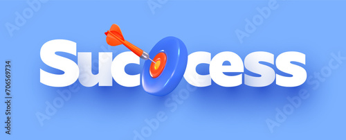 The word "success" with a 3D dart hitting the target. Concept of achieving success. Vector illustration