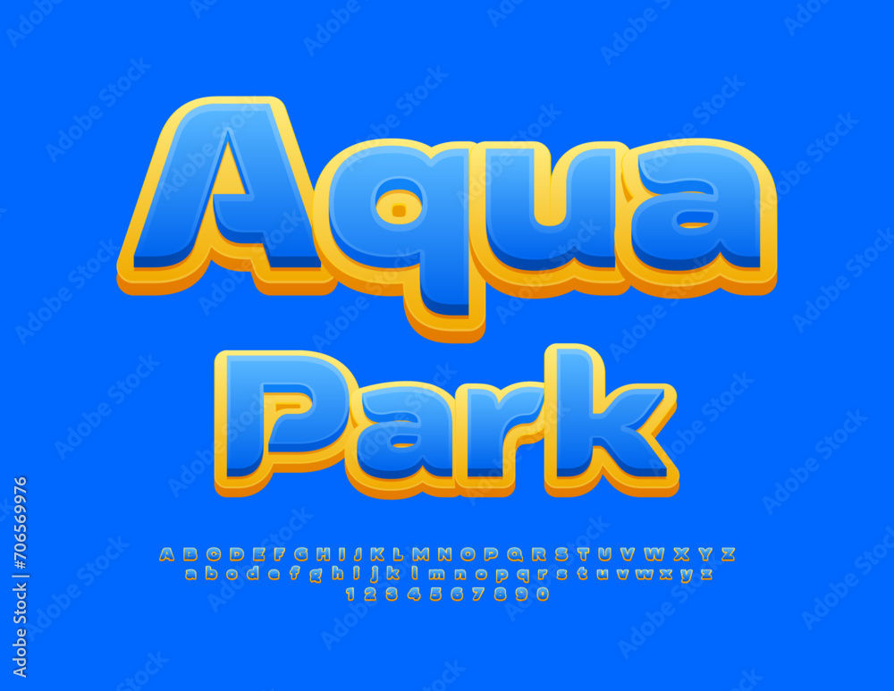 Vector trendy flyer Aqua Park. Blue and Yellow bright Font. Creative set of Alphabet Letters and Numbers.