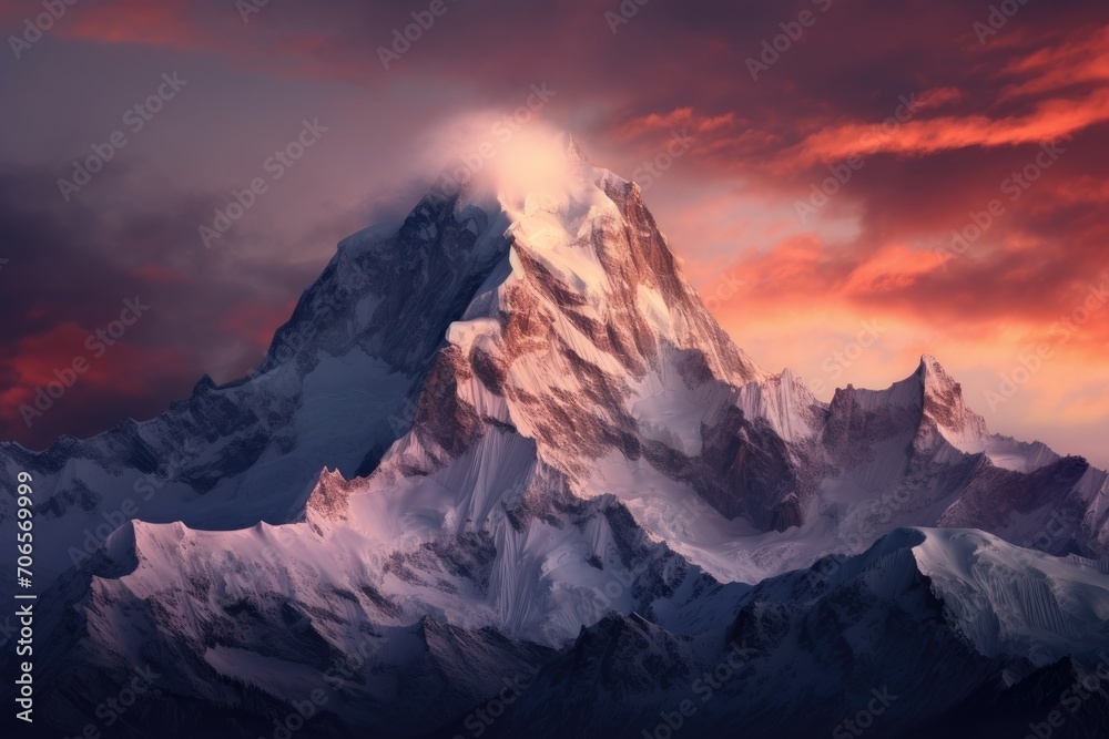 A towering snow-covered mountain stretches towards the clouds under a grey and overcast sky, A surreal snow-capped mountain range during sunset, AI Generated