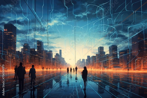 A diverse group of individuals walking through a bustling cityscape under the night sky, A surreal depiction of the internet as a cityscape, AI Generated