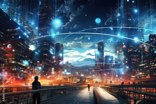 A man stands on a bridge, captivated by the breathtaking view of a city in the distance, A surreal depiction of the internet as a cityscape, AI Generated