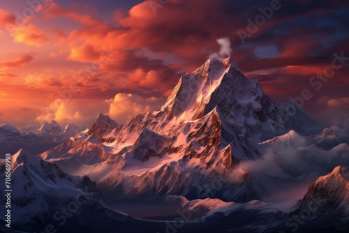 A captivating painting showcasing a majestic mountain enveloped by billowy clouds in the sky, A surreal snow-capped mountain range during sunset, AI Generated