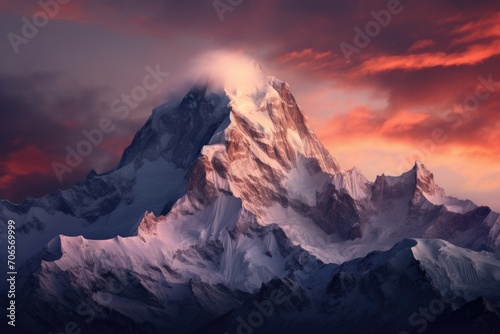 A towering snow-covered mountain stretches towards the clouds under a grey and overcast sky, A surreal snow-capped mountain range during sunset, AI Generated