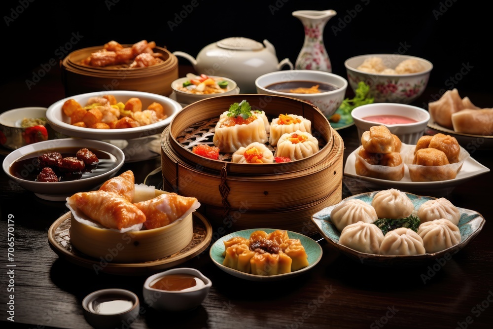 A mesmerizing image showcasing a repeated pattern of the word dim in various shades and sizes, A table filled with an assortment of mouth-watering dim sum, AI Generated