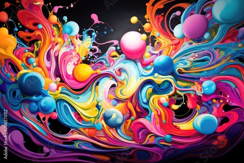 A visually striking and colorful abstract painting displayed on a dark black background, creating a stunning contrast, A swirling chaos of vibrant, neon colors, AI Generated