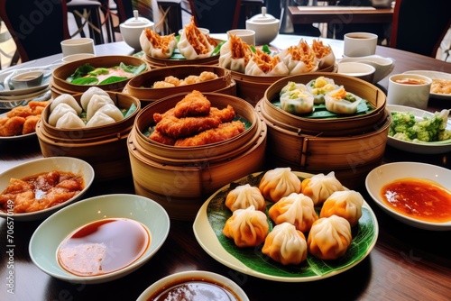 An impressive assortment of delectable dishes and snacks presented on a table, A table filled with an assortment of mouth-watering dim sum, AI Generated