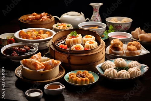 A mesmerizing image showcasing a repeated pattern of the word dim in various shades and sizes, A table filled with an assortment of mouth-watering dim sum, AI Generated