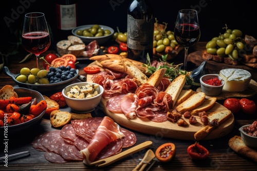 A variety of mouthwatering dishes and ingredients laid out on a table, ready to be enjoyed, A table spread of Spanish tapas with sangria, AI Generated