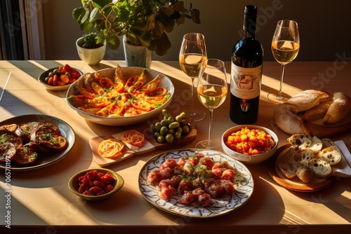 A table adorned with an assortment of delectable dishes and glasses of wine  ready to be enjoyed  A table spread of Spanish tapas with sangria  AI Generated