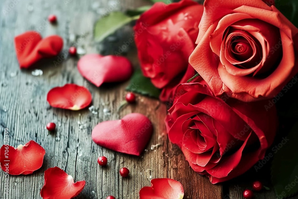 Roses and a hearts on wooden board, Valentines Day background, wedding day. generative ai. Roses and a hearts on wooden board, Valentines Day background, wedding day. generative ai.