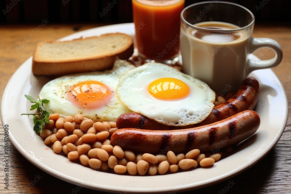 A delicious breakfast meal featuring a white plate filled with perfectly cooked eggs, sausages, and beans, A traditional English breakfast with eggs, sausages, and beans, AI Generated A delicious breakfast meal featuring a white plate filled with perfectly cooked eggs, sausages, and beans, A traditional English breakfast with eggs, sausages, and beans, AI Generated