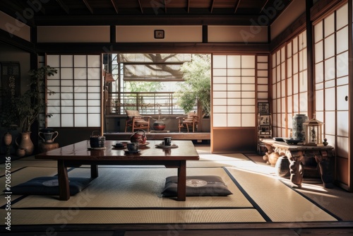 This room features a table, chairs, and a rug, creating an inviting and cozy space for dining and gathering, A traditional Japanese home with tatami mats and a tea ceremony setup, AI Generated