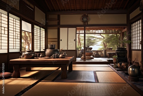 A room filled with a variety of furniture and numerous windows, providing ample natural light, A traditional Japanese home with tatami mats and a tea ceremony setup, AI Generated