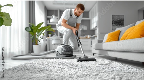 Professional home carpet cleaning with vacuum cleaner. Man doing household chores