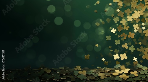 Happy St. Paddy's Day. St. Patrick's day banner with gold coins, glitter and shamrock clover leaves.