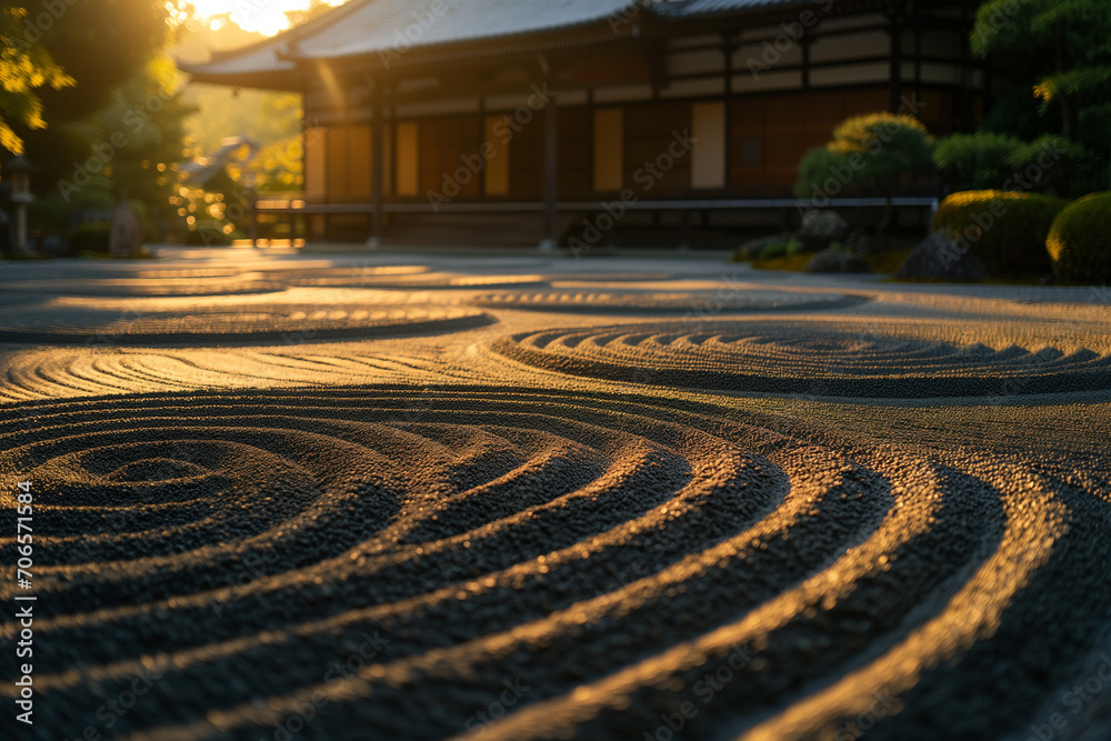 Sunset Over Traditional Zen Garden with Temple Background Sunset Over Traditional Zen Garden with Temple Background