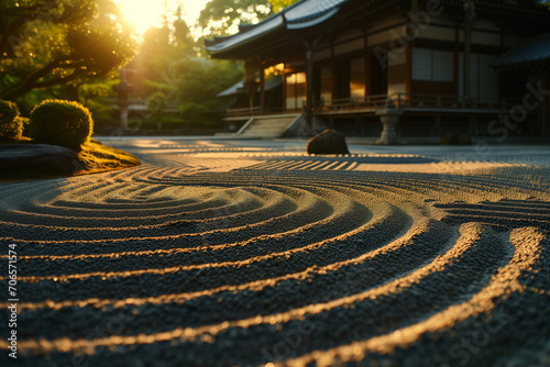 Sunset Over Traditional Zen Garden with Temple Background