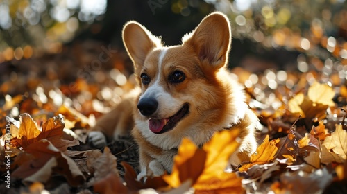  portrait of young corgi dog resting in the park selective focus, bokeh background