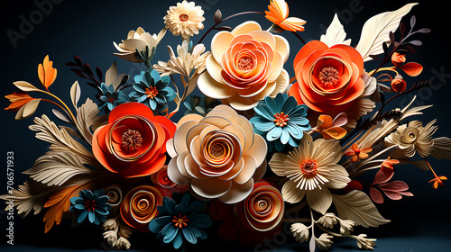 Enchanting Whirlwind 3D Abstract Clay Bouquet with Colorful Blossoms, Paper Craft flowers, and Lively Orange and Blue Leaves