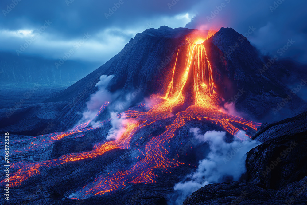 close view of a volcanic crater during an eruption with streams of bright liquid lava