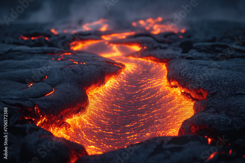 flowing molten hot volcanic lava close up