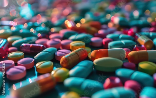 An assortment of colorful pills arranged against the backdrop of a hospital.