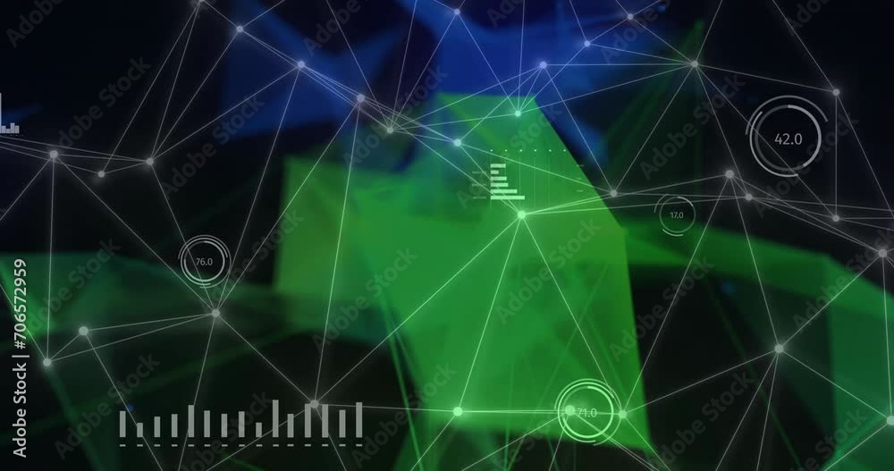 Animation of network of connections with shapes over globe and diagrams Animation of network of connections with shapes over globe and diagrams