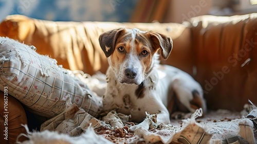 dog chewed and destroyed the sofa and sits on it, a portrait of a harmful dog at home