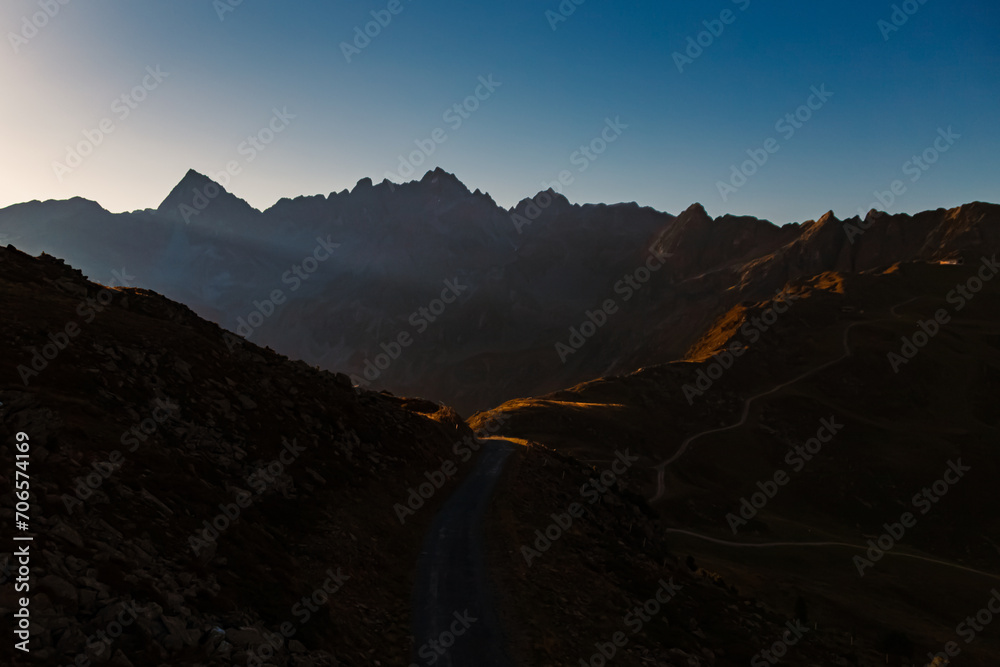 Alpine summer sunrise view at Mount Sechszeiger, Pitztal valley, Jerzens, Imst, Tyrol, Austria