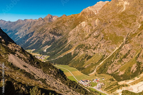 Alpine summer aerial view of the Pitztal valley at Lake Rifflsee, Mandarfen, Imst, Tyrol, Austria