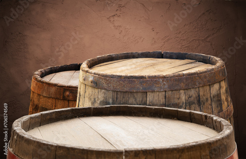 Wine casks at the winery. Stacked Wine barrels at the german winery. Old vintage whisky cask. old Single Malt. High quality photo