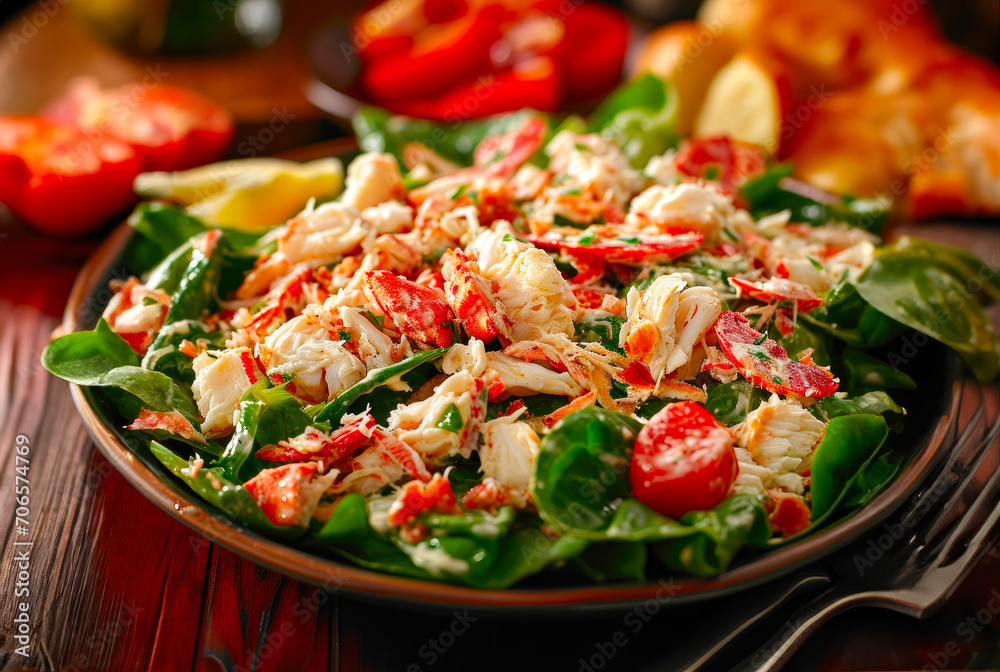 Closeup Crab Louie Salad, with crab, lettuce, asparagus, tomatoes, and sauce in a bowl on top of a wooden table, closeup