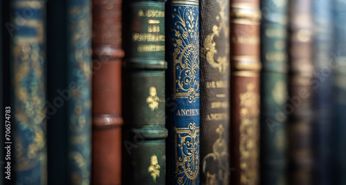 Old books close-up. Title of the book is printed on the spine. Concept on the theme of history, nostalgia, old age, library.  photo
