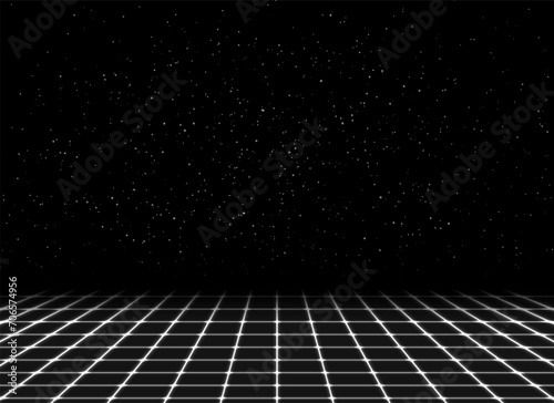 Retro futuristic 1980s abstract landscape hi-tech background with neon grid. Vector design