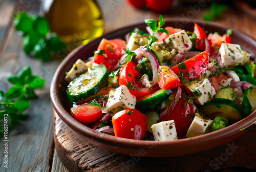 Mediterranean salad with feta cheese, cucumber, tomatoes, and onions in a bowl on top of a wooden board, with olive oil in the background, closeup