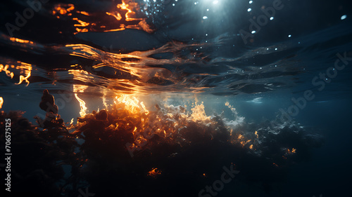 Uma dança de luz e sombras subaquática, com reflexos solares criando tons alaranjados entre bolhas e silhuetas obscuras. photo