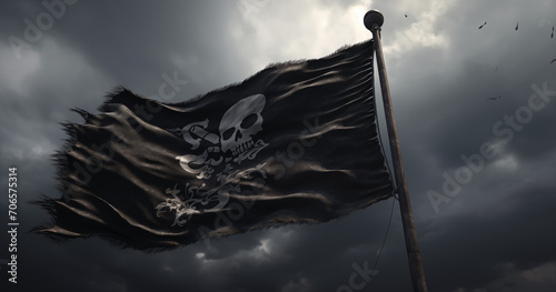 Piratenflagge gefährlicher Totenkopf, Freibeuter der Meere, Jolly Rogers auf einer Fahne