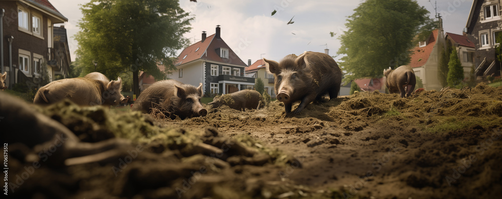 Wildschweine verwüsten in einer Stadt die Grünflächen, Wildschweine im Vorgarten - obrazy, fototapety, plakaty 