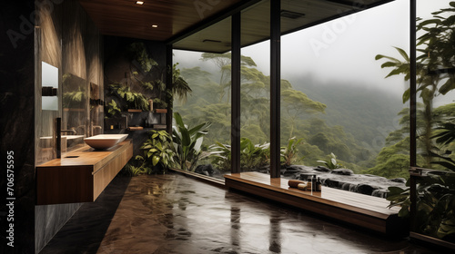 House apartment design with panoramic window  natural materials  stone  wood  granite  plants  minimalism. Generative AI