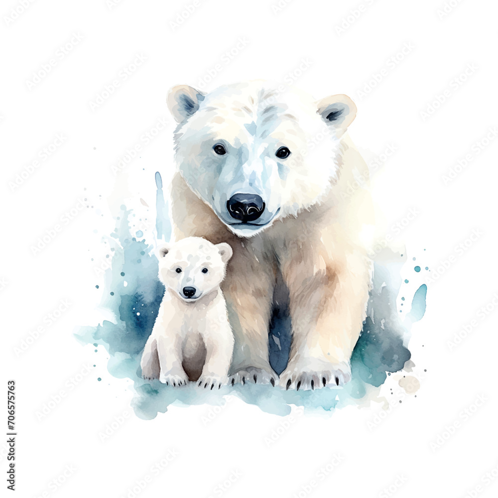 cute polar bear with mother watercolor children's book illustration style on white background cute polar bear with mother watercolor children's book illustration style on white background
