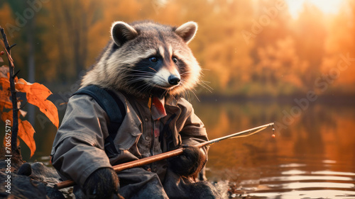 raccoon fishing with a fishing rod on the shore of the lake
 photo